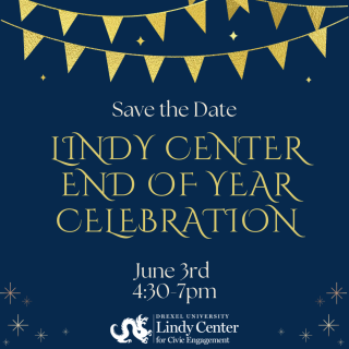 Square image with navy blue background and gold banner across the top. Lindy Center logo on bottom. Middle of the image text is in a fancy font and reads: 'Save the date Lindy Center end of year celebration June 3 4:30 to 7pm'. 